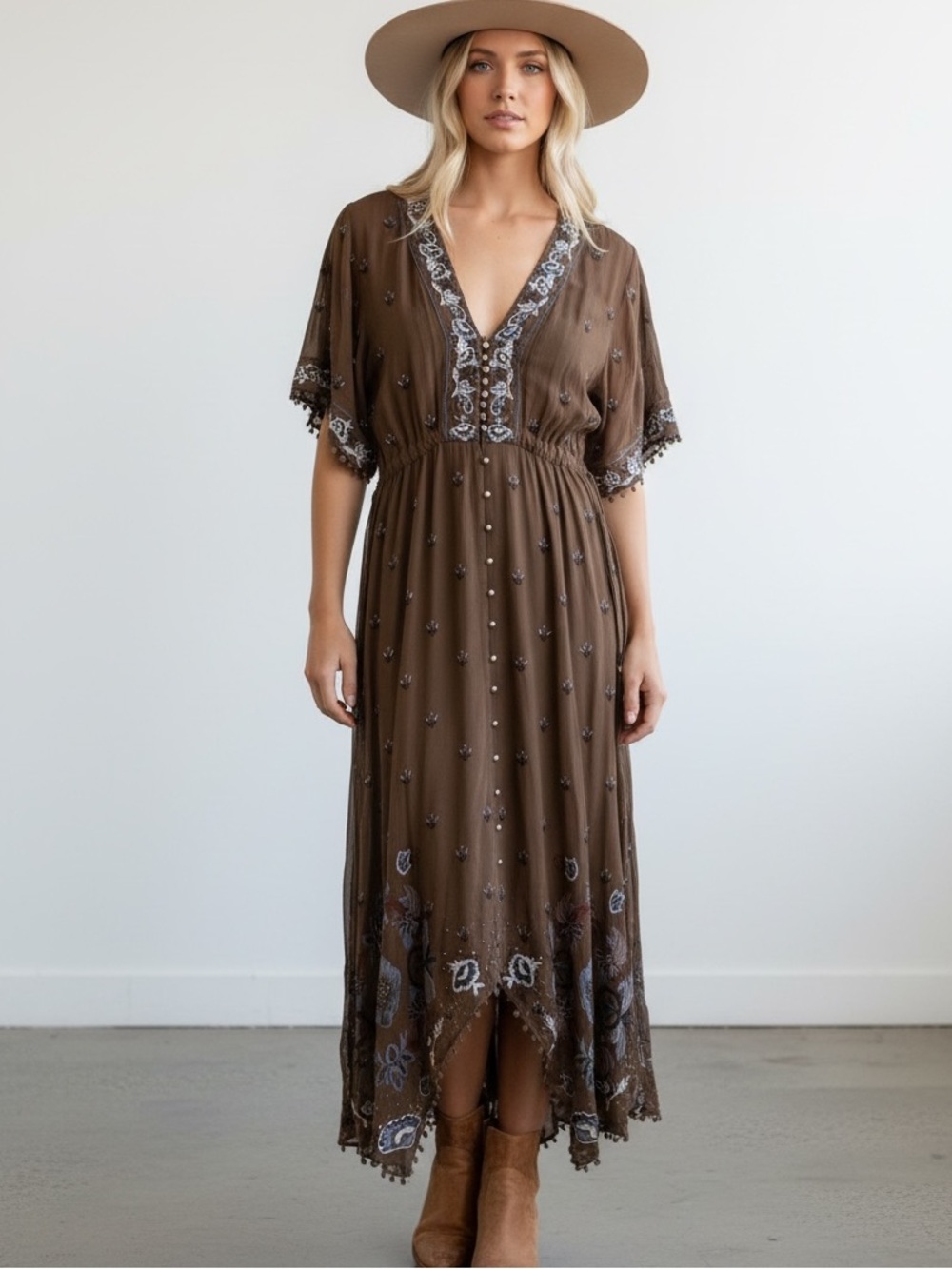 0121. NEW Free People Thelma Olive Brown Embroidered Coin-Embellished Maxi Dress